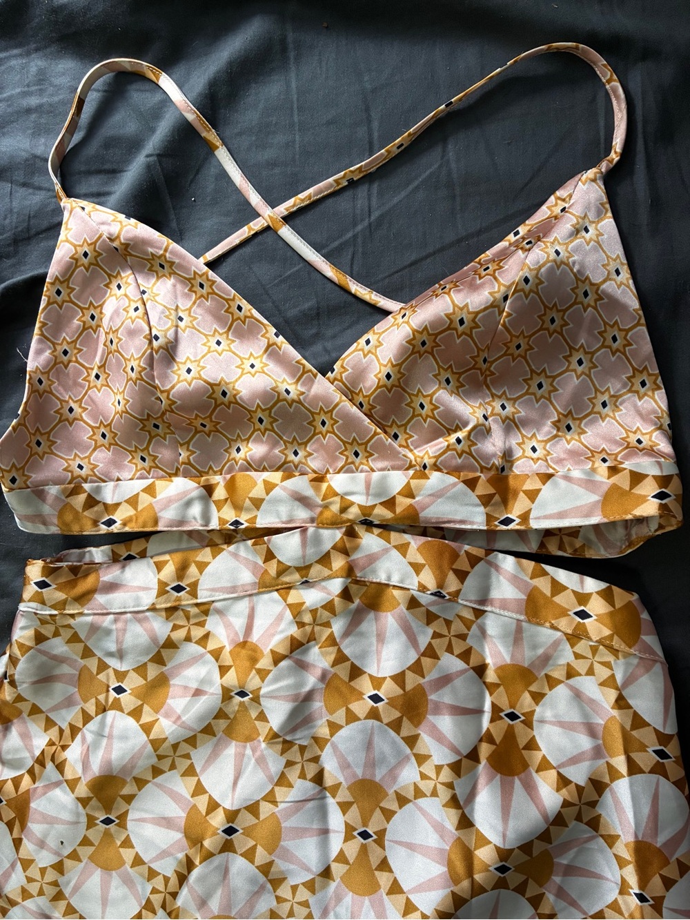 House of Harlow 1960 Silky Printed Bralette & Skirt Set in Pink and Gold
